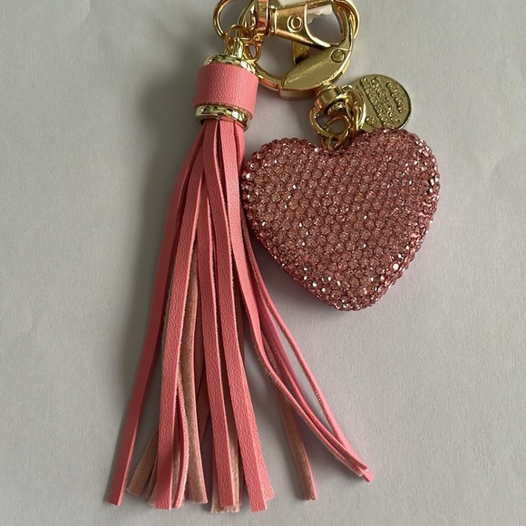 Pink Crystal Rhinestone Heart Tassel Keychain And Purse Charm—New - Picture 2 of 2